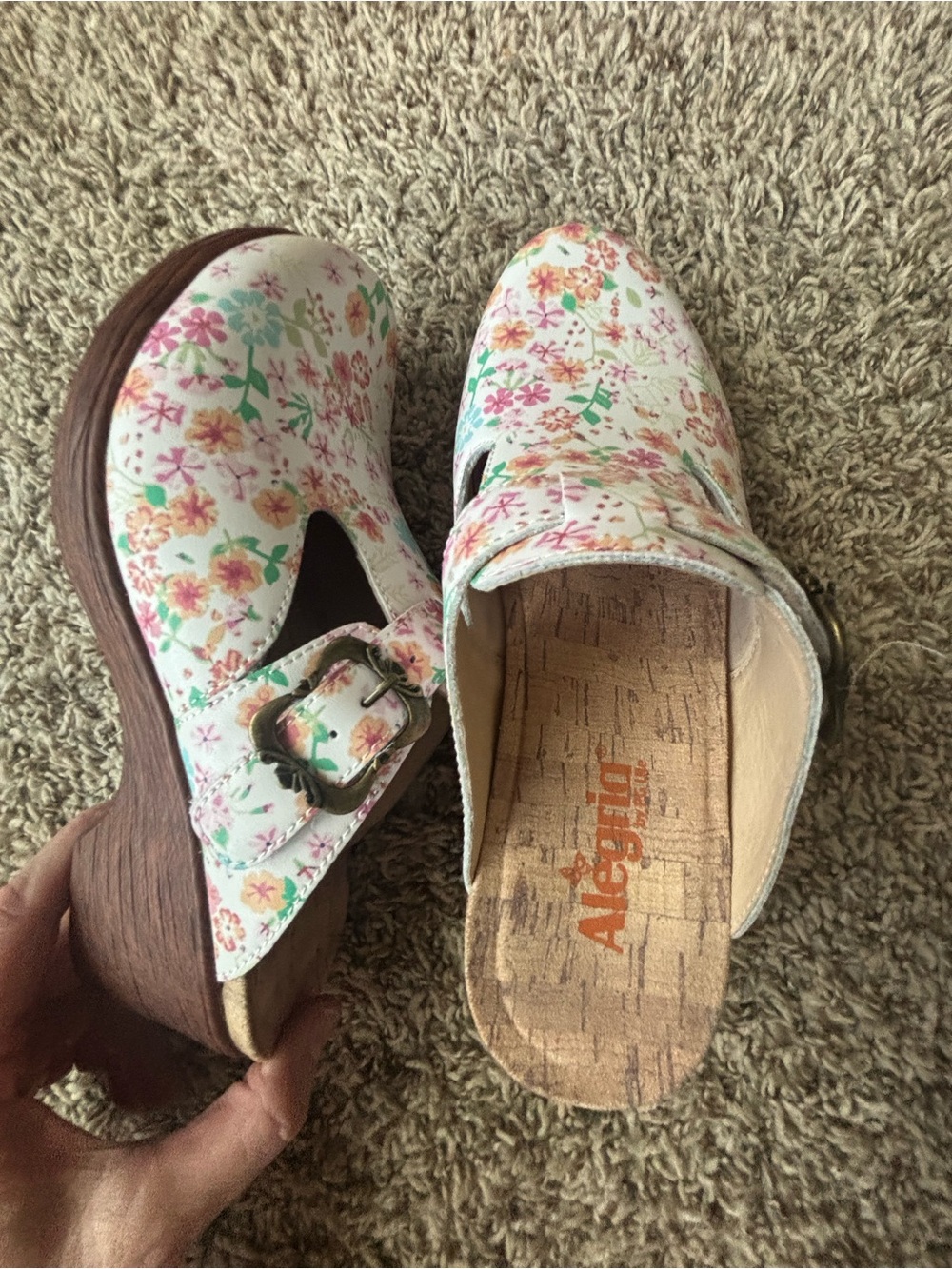 White Floral Slip-On Wedge Clogs with Buckle Alegria  selina leather 9 new